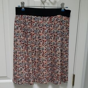 LOFT Multicolor Floral Pleated Midi Skirt with Black Waistband